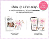 The image is a promotional graphic for a campaign called "Show Up in Two Ways". It features two different items related to the campaign: a "Mother's Day Pop-by Kit" and a "Mother's Day Textable Card".