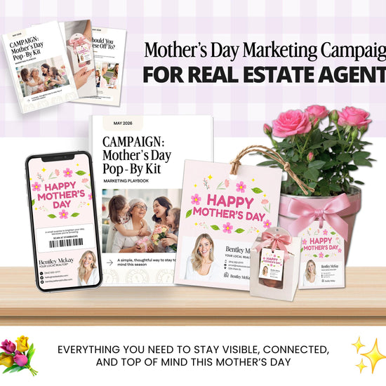 The image is an advertisement for a "Mother's Day Marketing Campaign for Real Estate Agents". It features various items related to the campaign, such as a book, a mobile phone, a potted plant, and a bouquet of pink roses. The text emphasizes the importance of staying visible, connected, and top of mind during this special day.