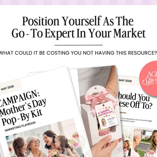 The image is a promotional material for a marketing resource, featuring a collage of images related to the "Mother's Day Pop-By-Kit" campaign.