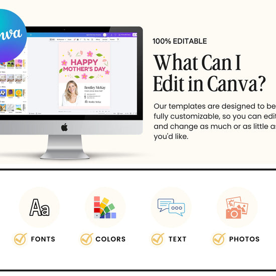 The image is a promotional image for a software called Canva, which allows users to create and customize various types of digital designs, such as fonts, colors, text, and photos. The image features a computer monitor displaying a Canva interface, along with icons representing different editing and customization options.