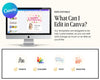 The image is a promotional image for a software called Canva, which allows users to create and customize various types of digital designs, such as fonts, colors, text, and photos. The image features a computer monitor displaying a Canva interface, along with icons representing different editing and customization options.