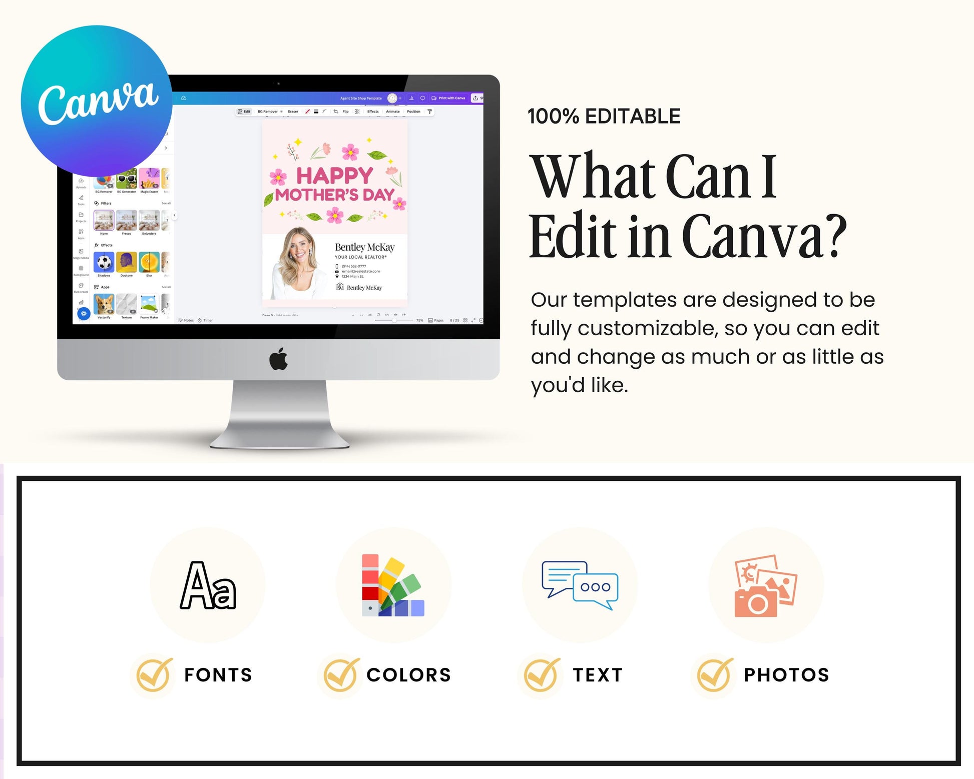 The image is a promotional image for a software called Canva, which allows users to create and customize various types of digital designs, such as fonts, colors, text, and photos. The image features a computer monitor displaying a Canva interface, along with icons representing different editing and customization options.