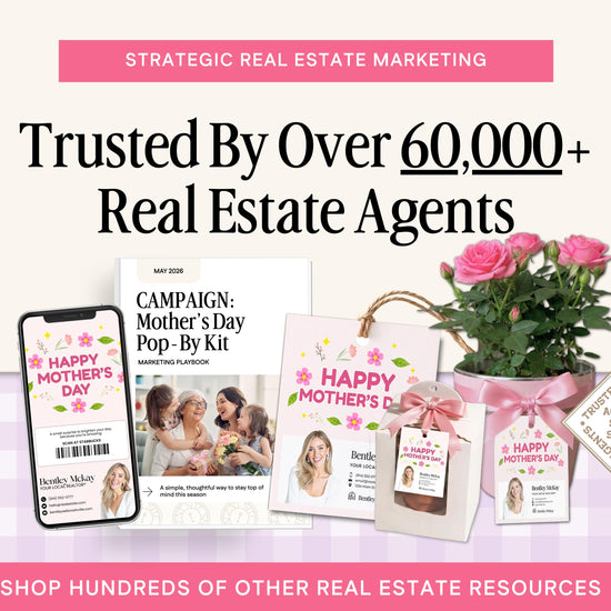 The image is an advertisement for a real estate marketing campaign called "Happy Mother's Day". It features various items related to the campaign, such as a mobile phone, a book, a potted plant, and a gift bag. The text on the image highlights the campaign's trustworthiness and the wide range of resources available for the campaign.