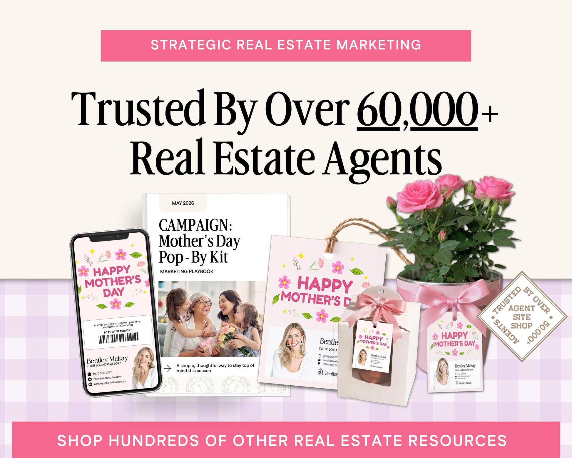 The image is an advertisement for a real estate marketing campaign called "Happy Mother's Day". It features various items related to the campaign, such as a mobile phone, a book, a potted plant, and a gift bag. The text on the image highlights the campaign's trustworthiness and the wide range of resources available for the campaign.