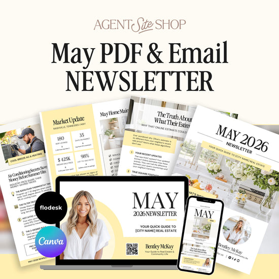 The image is an advertisement for a real estate magazine and service called "Agent's Size Shop". It features various elements related to real estate, including a laptop, a smartphone, and a magazine. The text "May PDF & Email NEWSLETTER" is prominently displayed, indicating that the magazine provides both digital and print options for readers.