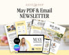 The image is an advertisement for a real estate magazine and service called "Agent's Size Shop". It features various elements related to real estate, including a laptop, a smartphone, and a magazine. The text "May PDF & Email NEWSLETTER" is prominently displayed, indicating that the magazine provides both digital and print options for readers.