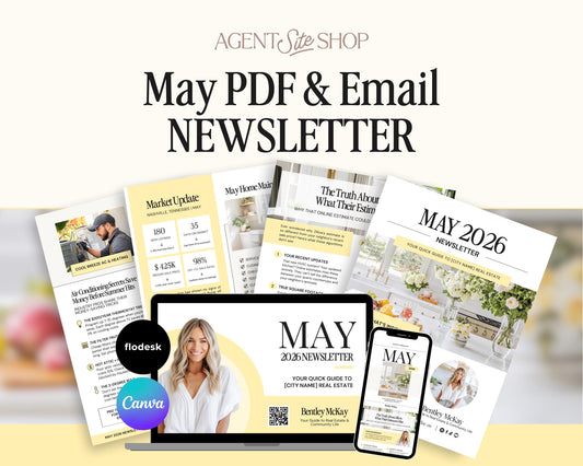 The image is an advertisement for a real estate magazine and service called "Agent's Size Shop". It features various elements related to real estate, including a laptop, a smartphone, and a magazine. The text "May PDF & Email NEWSLETTER" is prominently displayed, indicating that the magazine provides both digital and print options for readers.