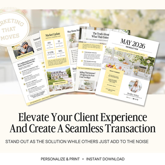 The image is an advertisement for a real estate marketing service called "Marketing That Moves". It features a collage of real estate listings and information sheets, along with a tagline that encourages the use of the service to elevate client experiences and create seamless transactions.