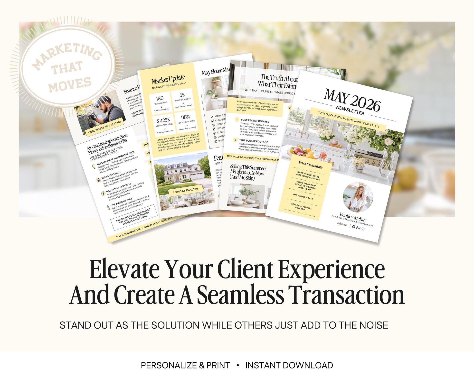 The image is an advertisement for a real estate marketing service called "Marketing That Moves". It features a collage of real estate listings and information sheets, along with a tagline that encourages the use of the service to elevate client experiences and create seamless transactions.