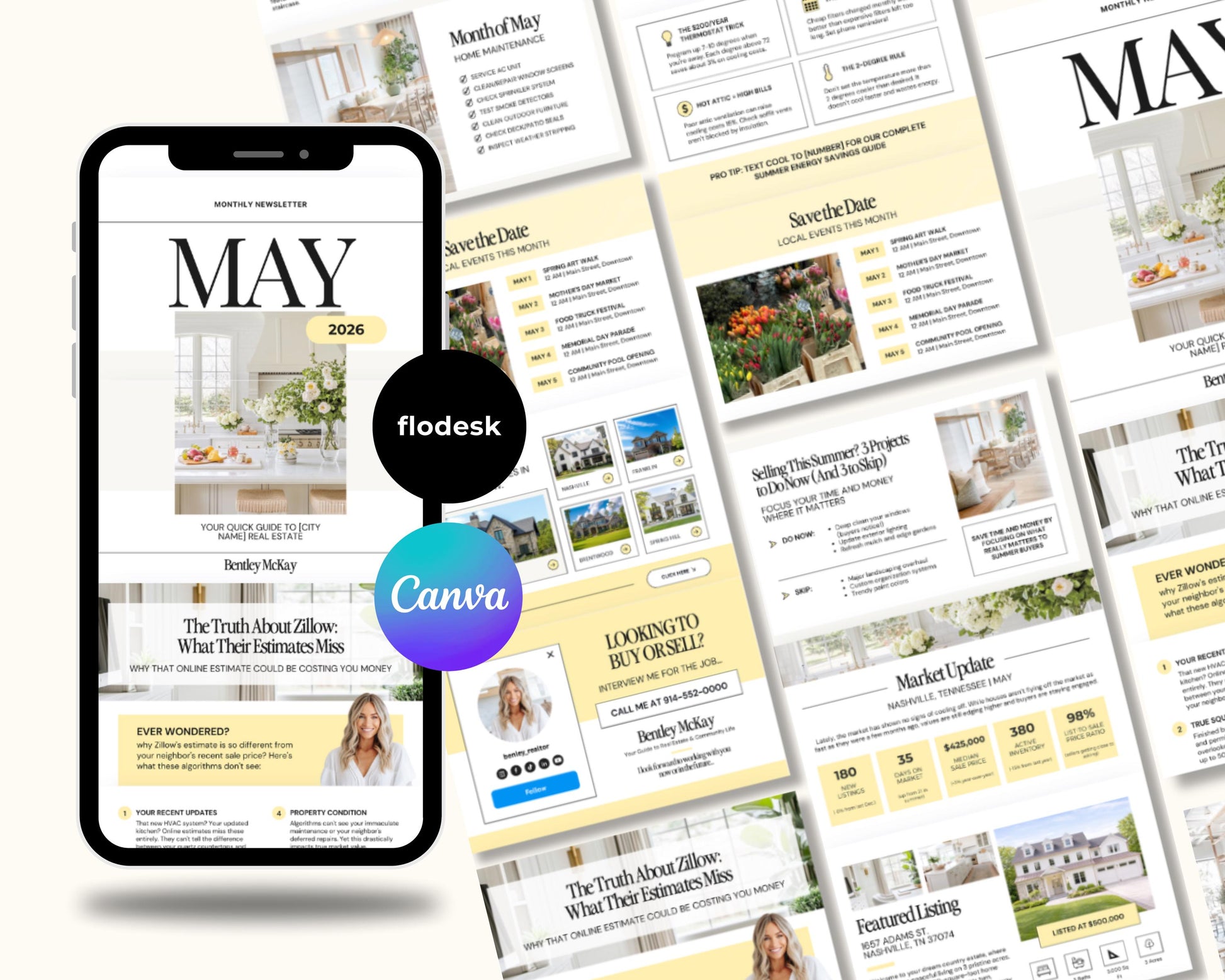 The image is a collage of various real estate-related images, including property listings, interior design, and landscaping. The collage is spread across multiple pages, showcasing different aspects of the real estate industry.