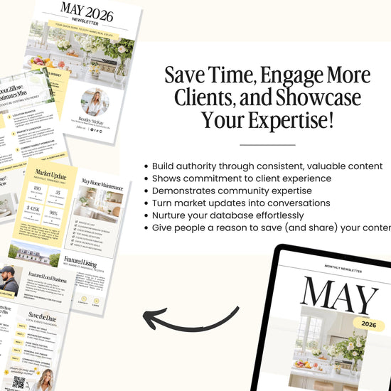 The image is a collage of various real estate-related documents and materials, including brochures, a magazine, and a tablet displaying a website. The text in the image emphasizes the importance of showcasing one's expertise and engaging with clients, as well as providing valuable content and updates to nurture relationships and grow a database.