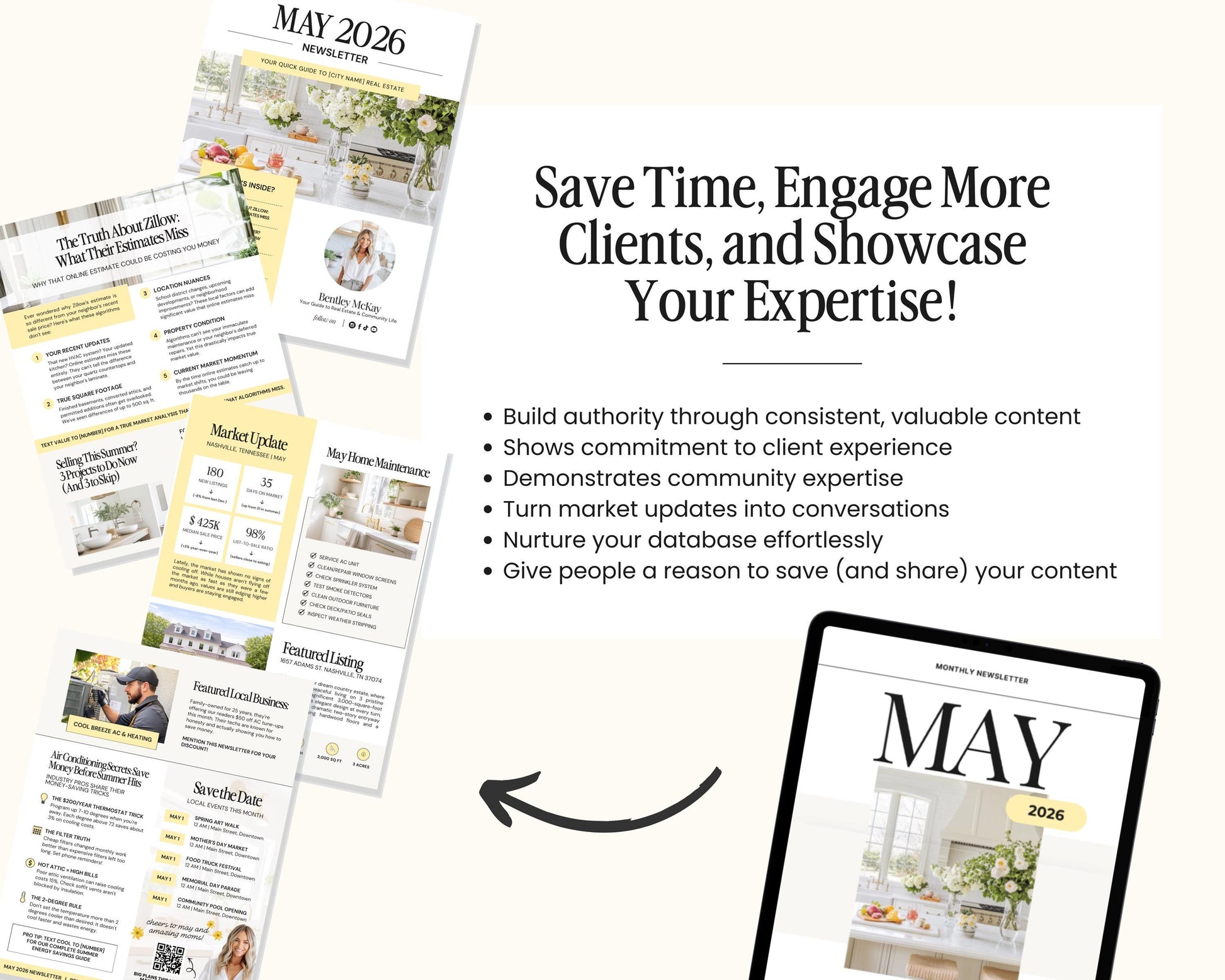 The image is a collage of various real estate-related documents and materials, including brochures, a magazine, and a tablet displaying a website. The text in the image emphasizes the importance of showcasing one's expertise and engaging with clients, as well as providing valuable content and updates to nurture relationships and grow a database.