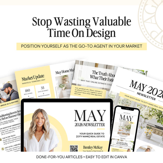 The image is a collage of various real estate-related articles and guides, including a magazine cover, a magazine update, a newsletter, and a guide to real estate. The text on the image emphasizes the importance of positioning oneself as the go-to agent in the market and provides tips for creating valuable content.