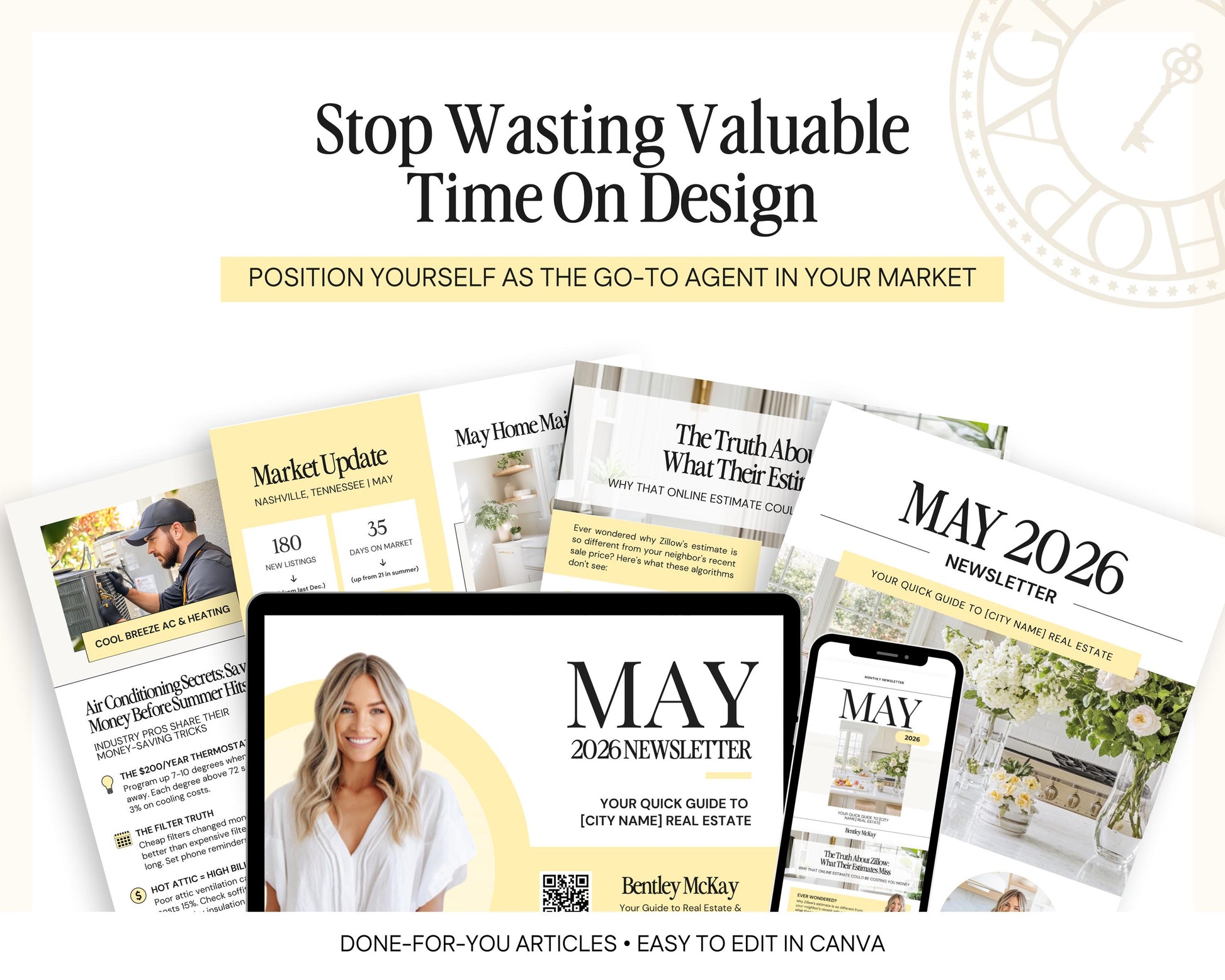 The image is a collage of various real estate-related articles and guides, including a magazine cover, a magazine update, a newsletter, and a guide to real estate. The text on the image emphasizes the importance of positioning oneself as the go-to agent in the market and provides tips for creating valuable content.