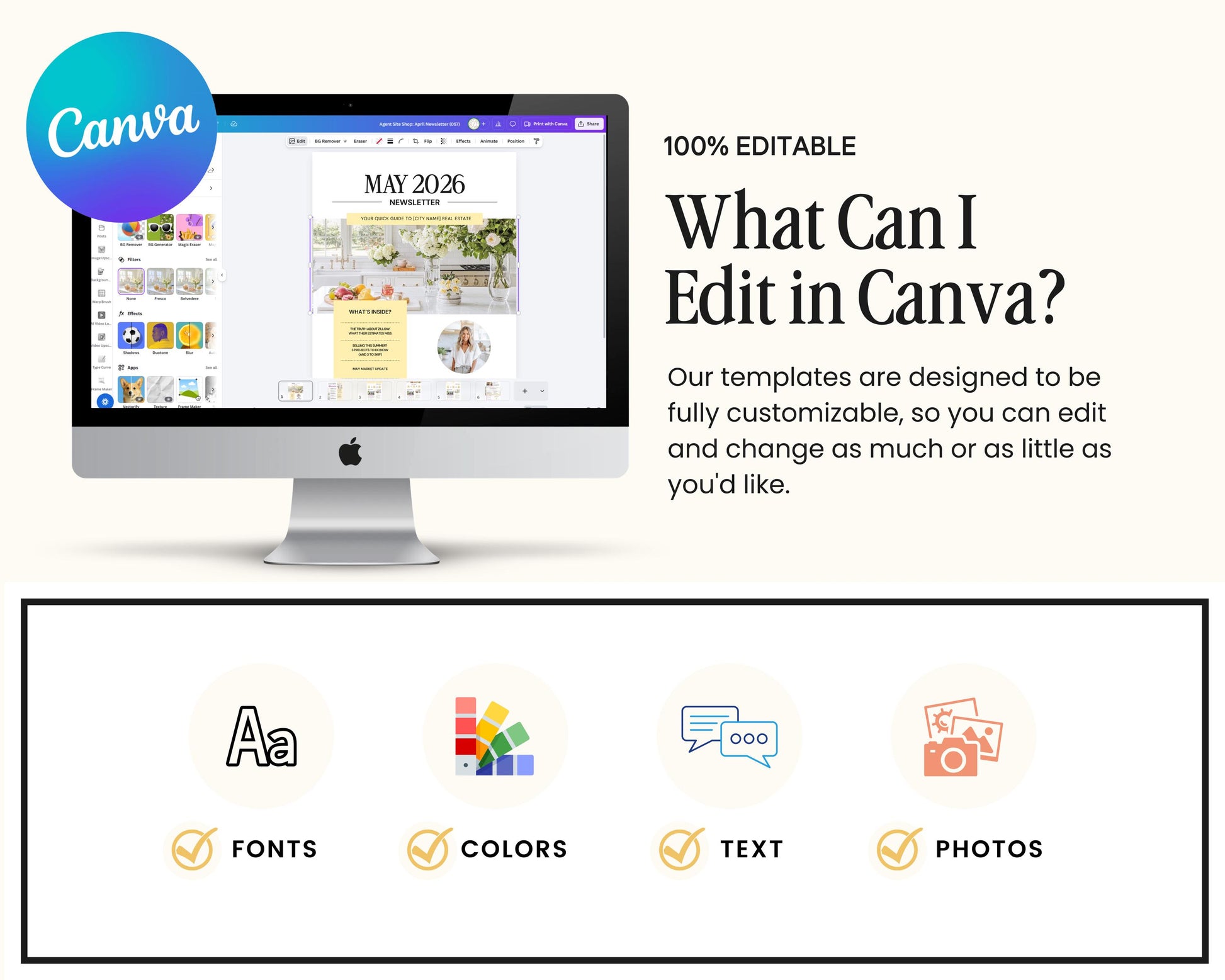 The image is a promotional graphic for a software called Canva, which allows users to create and customize various types of digital content, such as images, graphics, and text.
