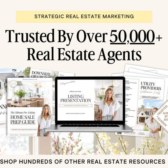 The image is an advertisement for a real estate marketing service, featuring a laptop displaying a presentation slide, brochures, and other real estate-related materials.