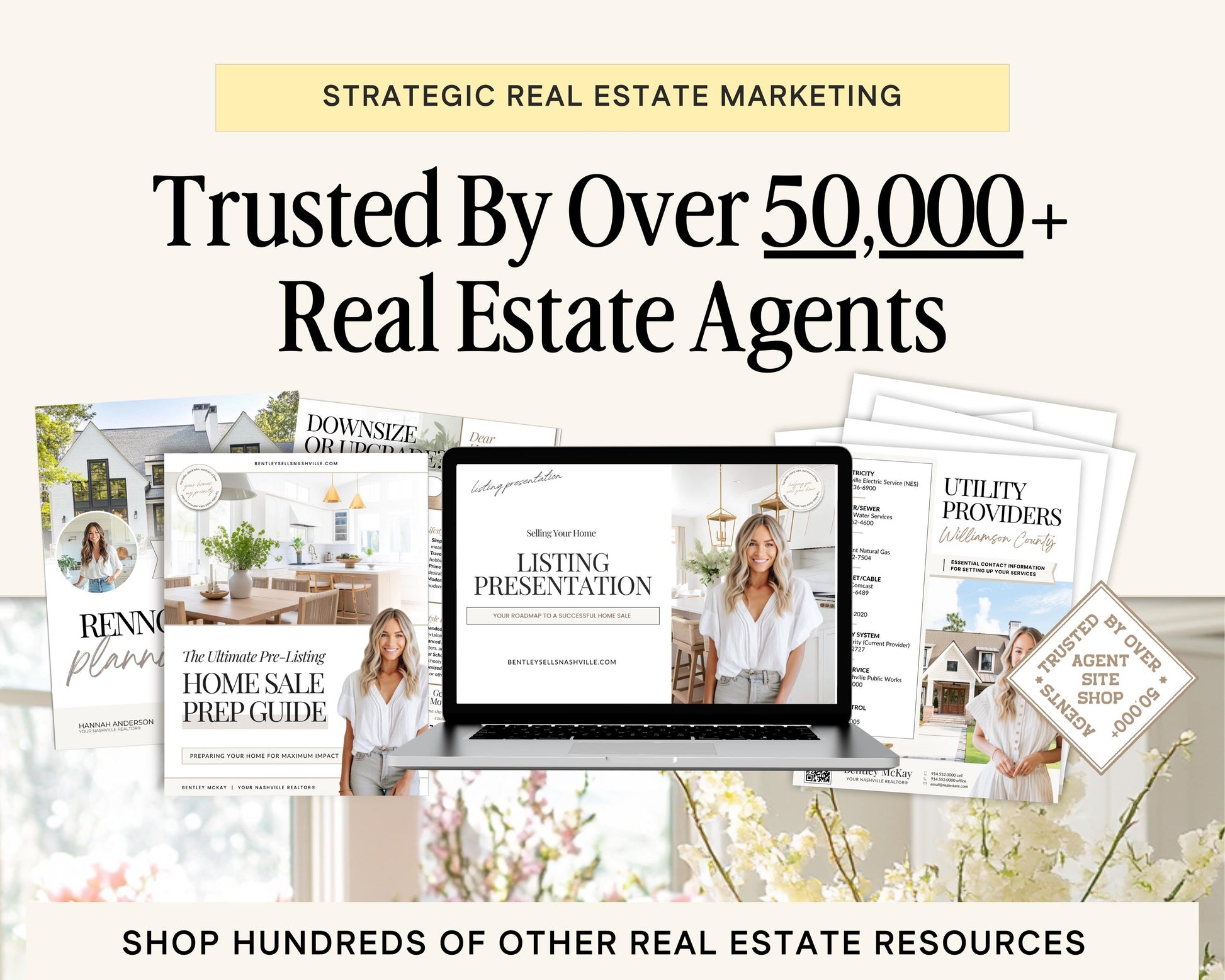 The image is an advertisement for a real estate marketing service, featuring a laptop displaying a presentation slide, brochures, and other real estate-related materials.