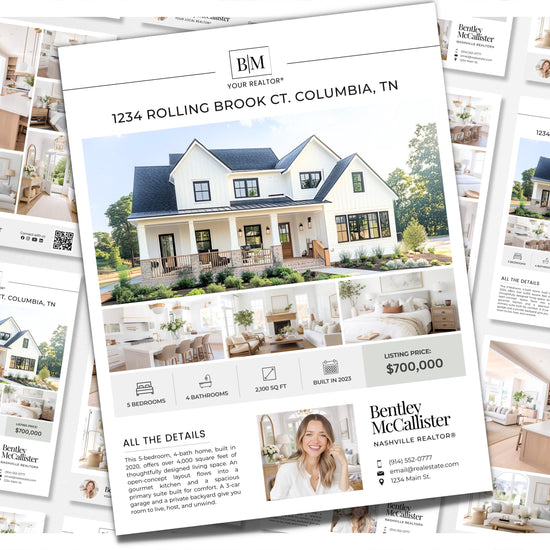 The image is a real estate advertisement featuring a large, white, farmhouse-style house with a wrap-around porch, surrounded by greenery. The house is located in Columbia, Tennessee, and is being sold for $700,000. The advertisement includes details about the property, such as the number of bedrooms, bathrooms, and square footage, as well as the asking price and the real estate agent's contact information.