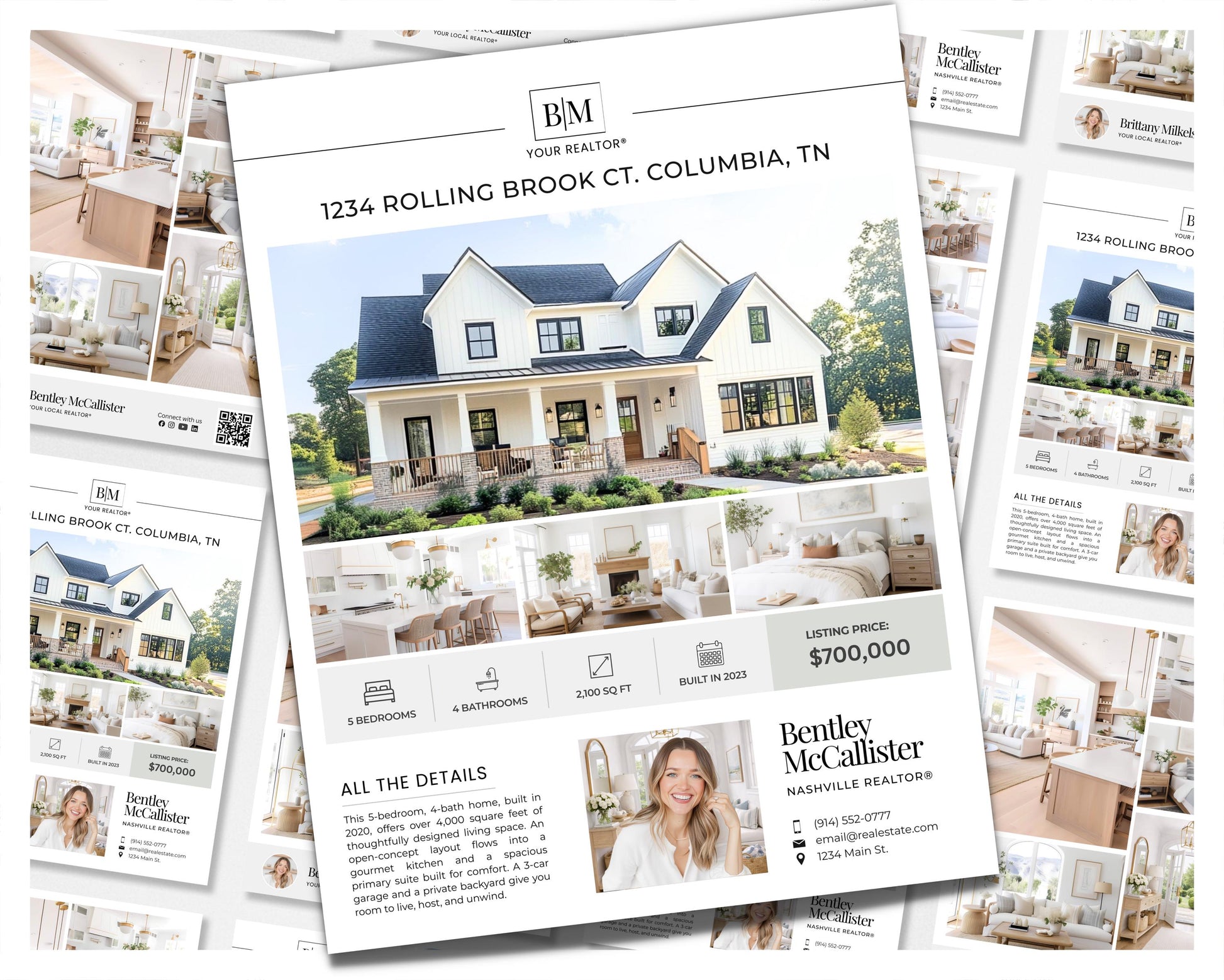 The image is a real estate advertisement featuring a large, white, farmhouse-style house with a wrap-around porch, surrounded by greenery. The house is located in Columbia, Tennessee, and is being sold for $700,000. The advertisement includes details about the property, such as the number of bedrooms, bathrooms, and square footage, as well as the asking price and the real estate agent's contact information.