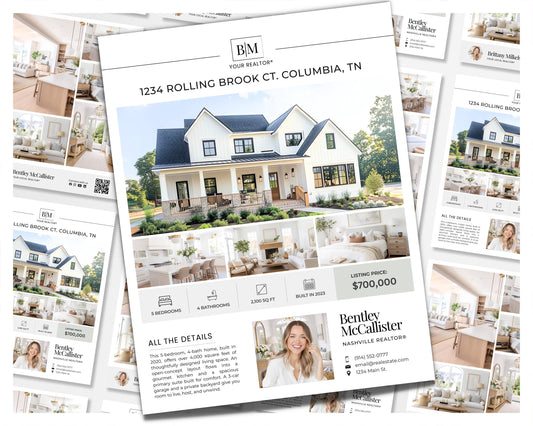 The image is a real estate advertisement featuring a large, white, farmhouse-style house with a wrap-around porch, surrounded by greenery. The house is located in Columbia, Tennessee, and is being sold for $700,000. The advertisement includes details about the property, such as the number of bedrooms, bathrooms, and square footage, as well as the asking price and the real estate agent's contact information.