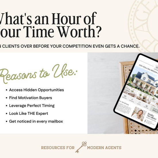 The image is a promotional graphic for a real estate agent, featuring a tablet displaying a house listing and a wooden table with a smartphone.