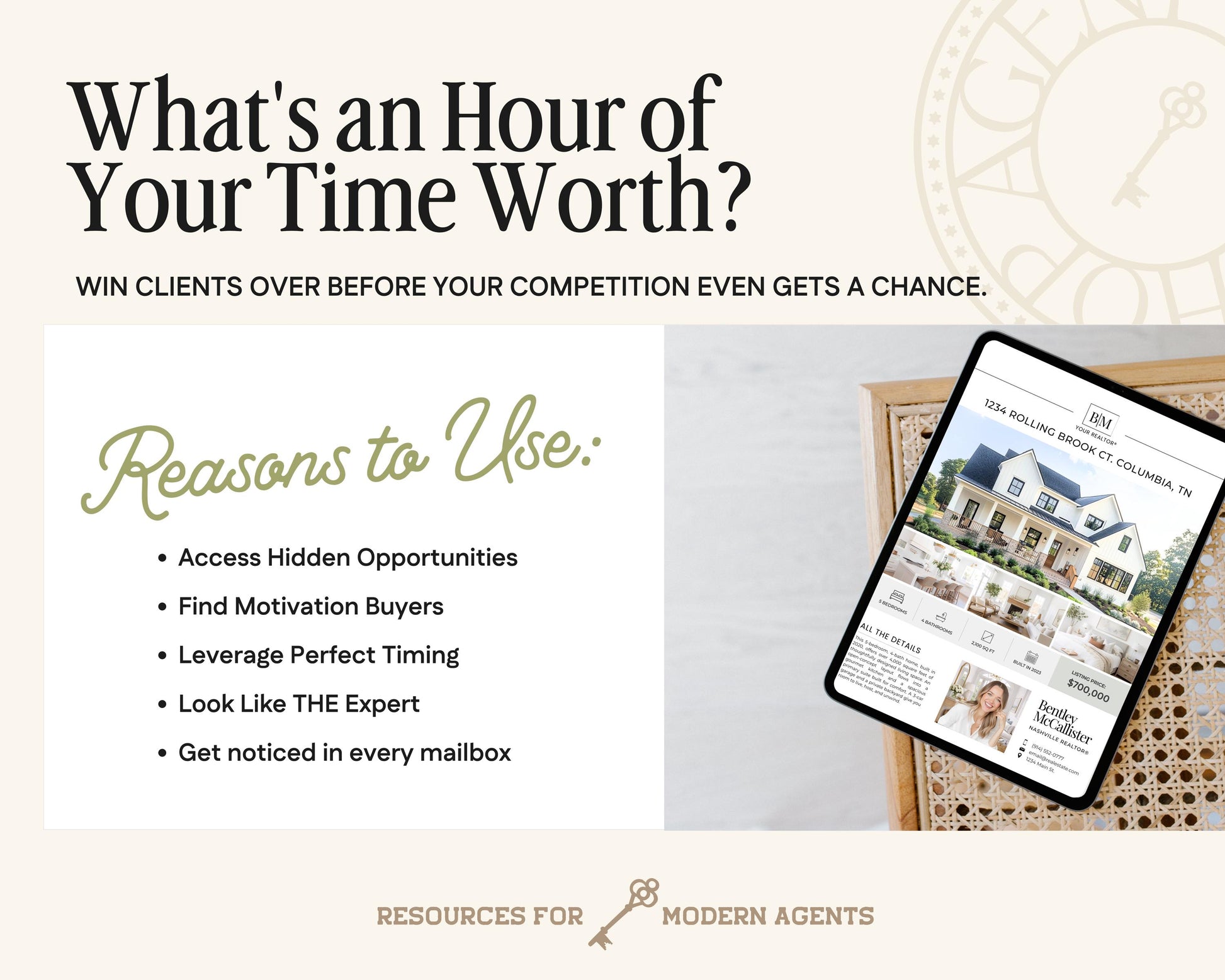The image is a promotional graphic for a real estate agent, featuring a tablet displaying a house listing and a wooden table with a smartphone.