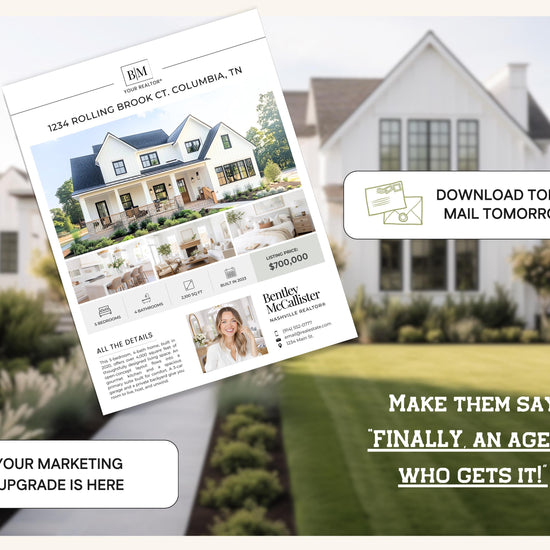 The image is an advertisement for a real estate agent named Beulie & Mclellan Realty, featuring a large house in the background and a woman posing in front of the house.