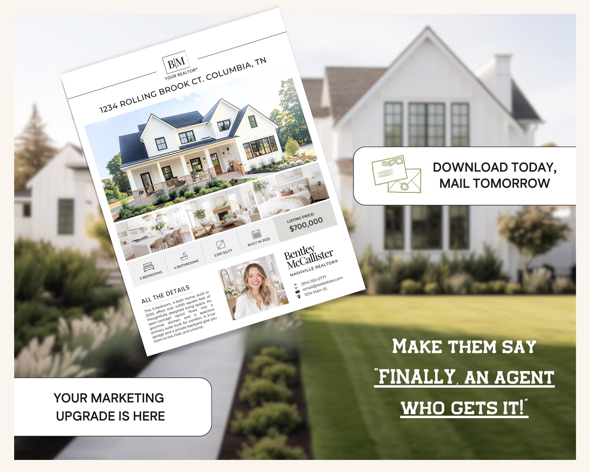 The image is an advertisement for a real estate agent named Beulie & Mclellan Realty, featuring a large house in the background and a woman posing in front of the house.