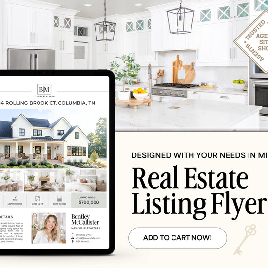 The image is a real estate listing flyer for a property called "1234 Rolling Brook CT, Columbia, TN". The flyer features a large image of the property and includes a list of features and pricing information.