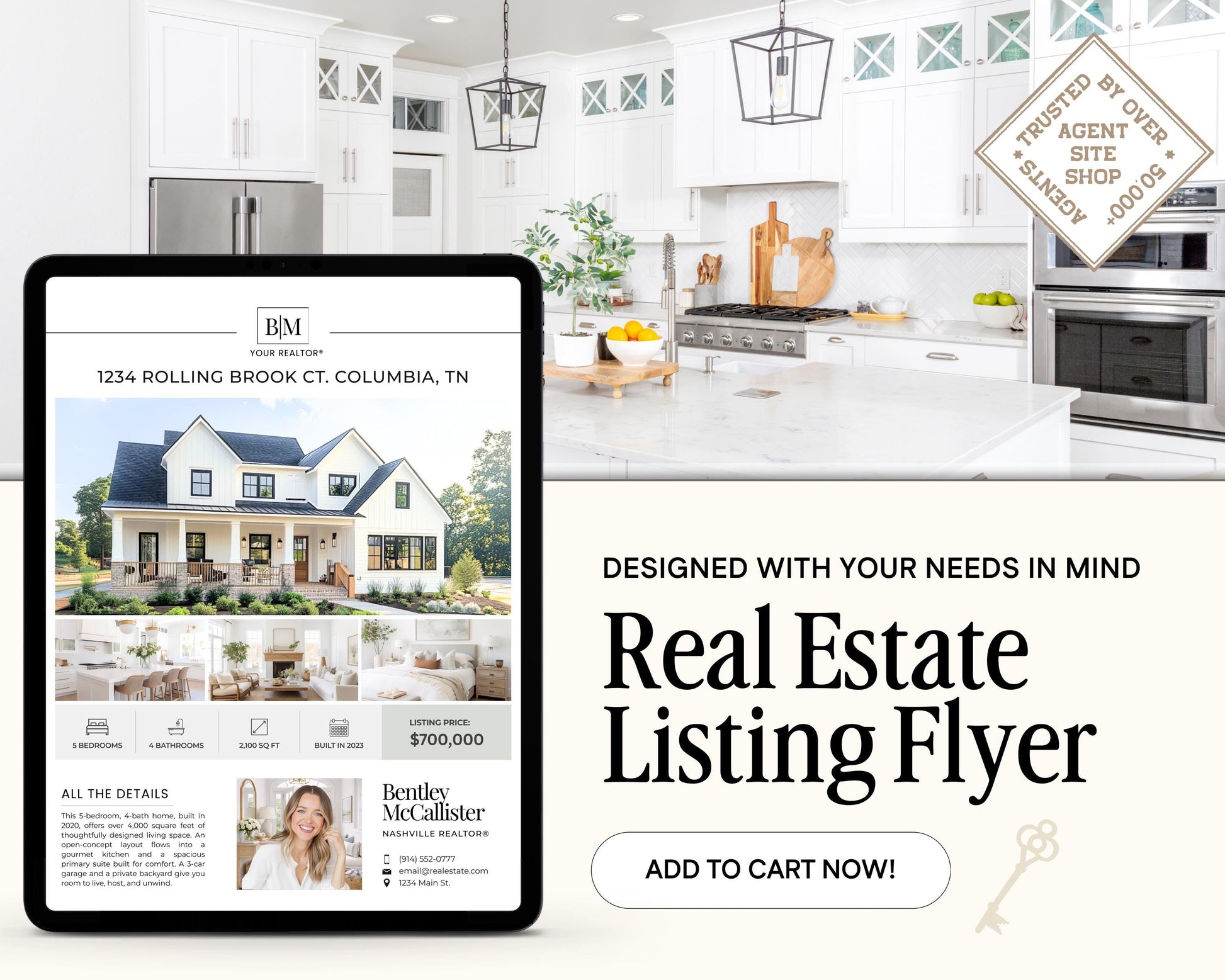 The image is a real estate listing flyer for a property called "1234 Rolling Brook CT, Columbia, TN". The flyer features a large image of the property and includes a list of features and pricing information.
