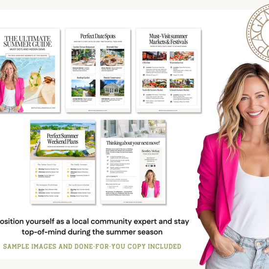 The image is a collage of various images, including a woman in a pink jacket, a magazine cover, and a brochure. The collage also includes text that provides information about a summer guide and a woman posing for a photograph.