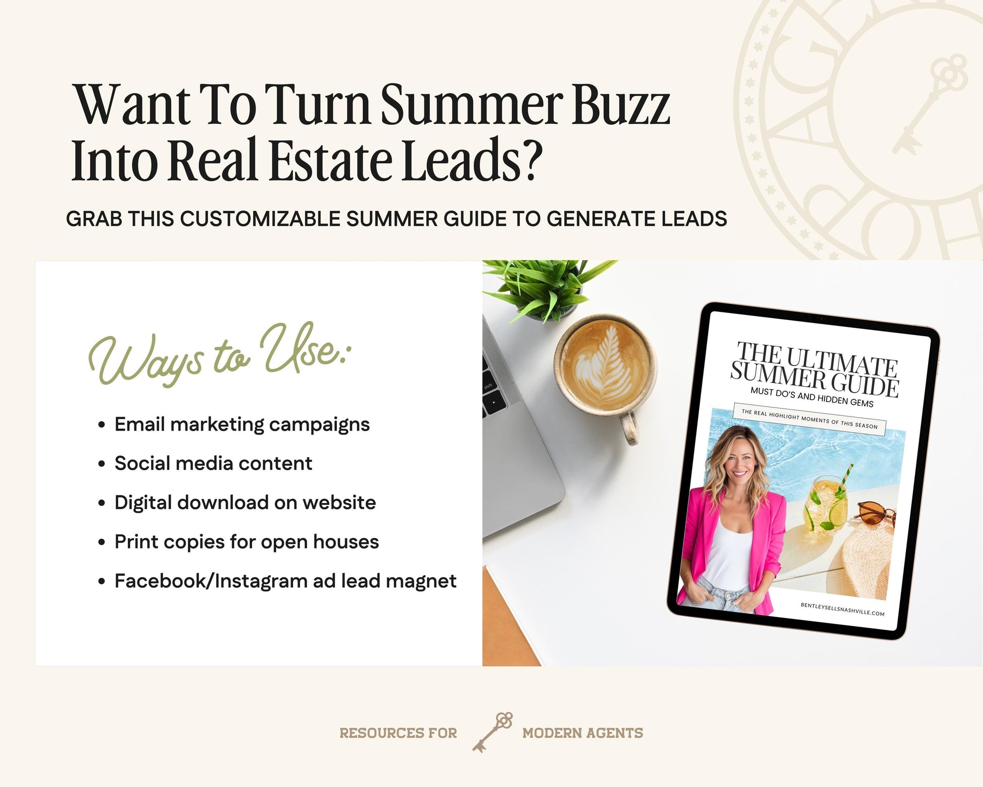 The image is a promotional graphic for real estate leads, featuring a book titled "The Ultimate Summer Guide" and a list of summer marketing tactics.