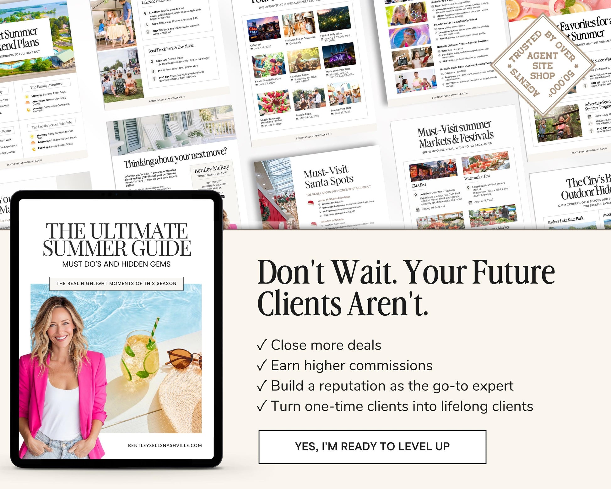 The image is a promotional collage featuring a book cover for "The Ultimate Summer Guide" and a message encouraging the reader to "Don't Wait. Your Future Clients Aren't."