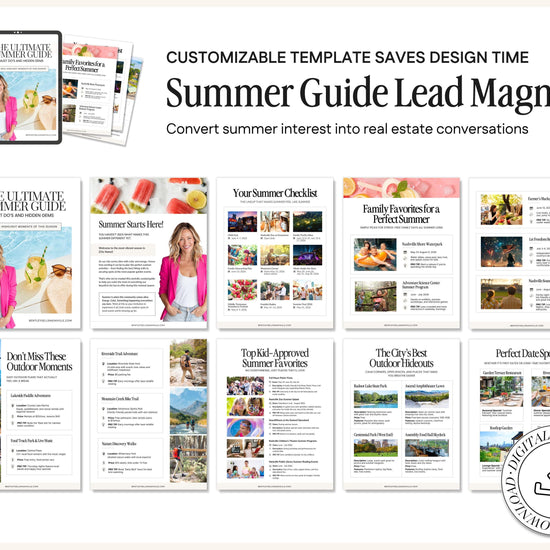 The image is a collage of various summer-themed brochures and guides, including a "Summer Guide Lead Magnet" and a "Summer Guide Lead Magnet" with a "Don't Miss These Outdoor Moments" theme.