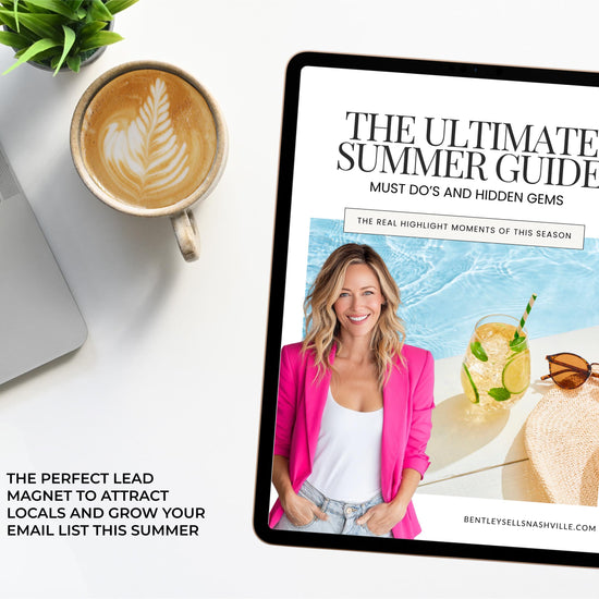 a tablet with a cover for a book titled "The Ultimate Summer Guide" and a coffee cup on a desk.