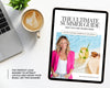 a tablet with a cover for a book titled "The Ultimate Summer Guide" and a coffee cup on a desk.