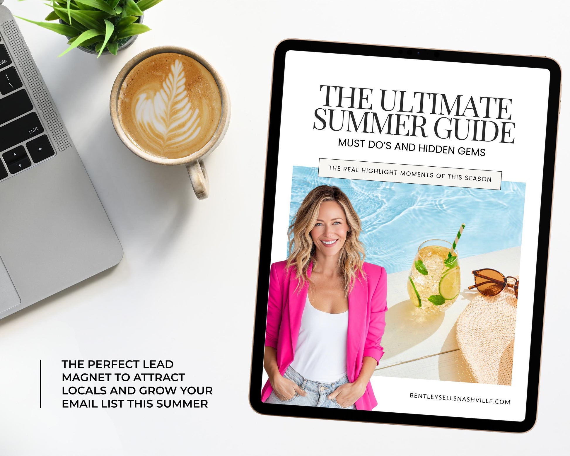 a tablet with a cover for a book titled "The Ultimate Summer Guide" and a coffee cup on a desk.