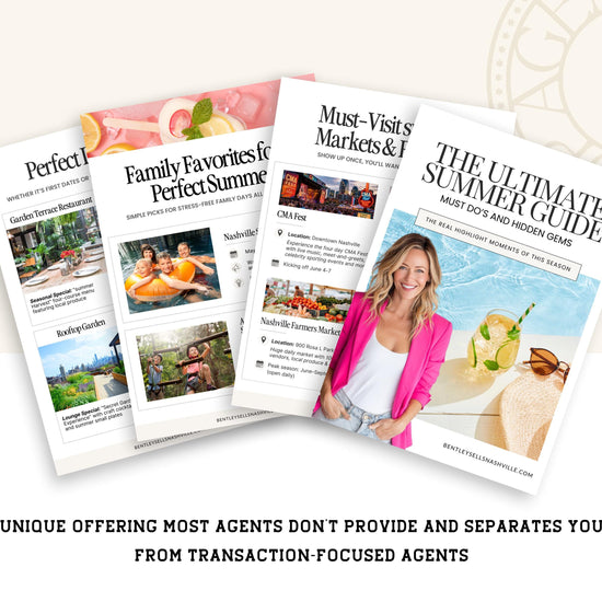 The image is a collage of four different brochures or guides, each with a different title and content, promoting the "Ultimate Summer Guide". The collage includes images of various summer activities and destinations, along with a woman posing in a pink jacket. The text at the bottom of the image states that the "Ultimate Summer Guide" offers unique features and separates you from transaction-focused agents.