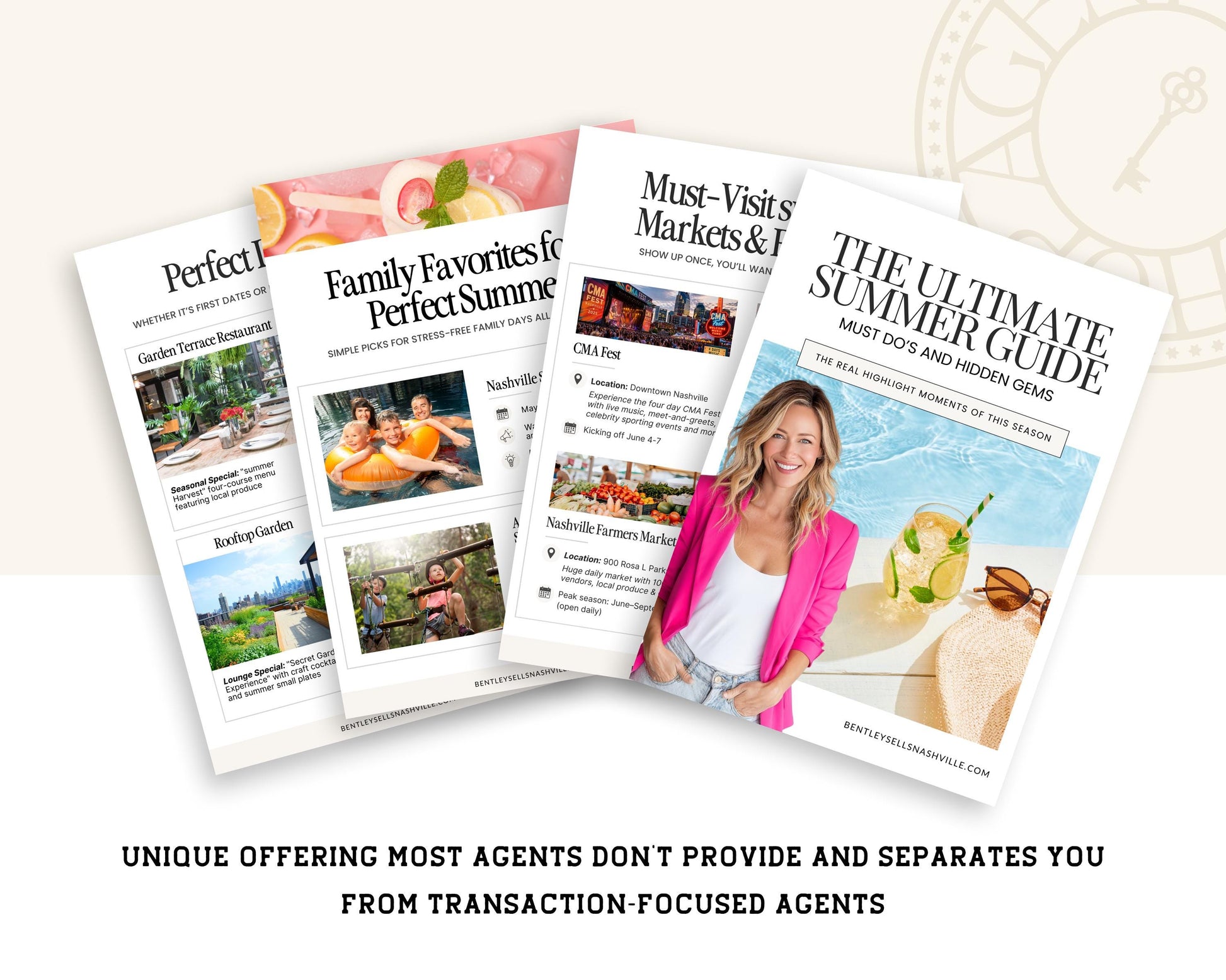 The image is a collage of four different brochures or guides, each with a different title and content, promoting the "Ultimate Summer Guide". The collage includes images of various summer activities and destinations, along with a woman posing in a pink jacket. The text at the bottom of the image states that the "Ultimate Summer Guide" offers unique features and separates you from transaction-focused agents.