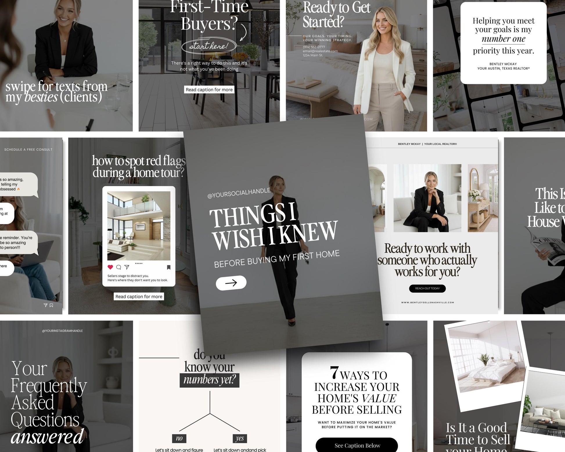 a collage of images with a woman in a black suit
