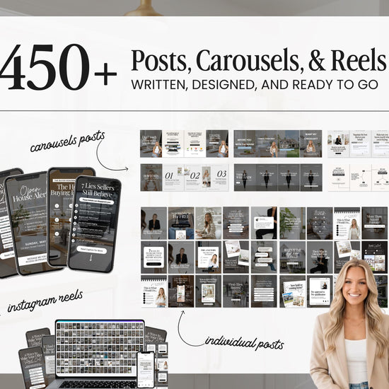 The image is a promotional poster for a business that offers posts, carousels, and reels. It features a woman standing in front of a large white background, with various images and text related to the business's services.