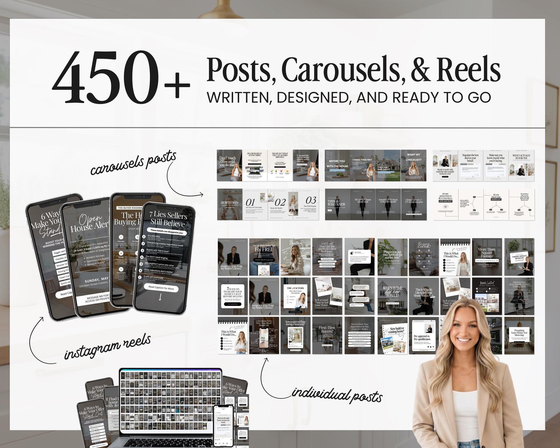 The image is a promotional poster for a business that offers posts, carousels, and reels. It features a woman standing in front of a large white background, with various images and text related to the business's services.