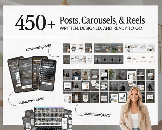 The image is a promotional poster for a business that offers posts, carousels, and reels. It features a woman standing in front of a large white background, with various images and text related to the business's services.