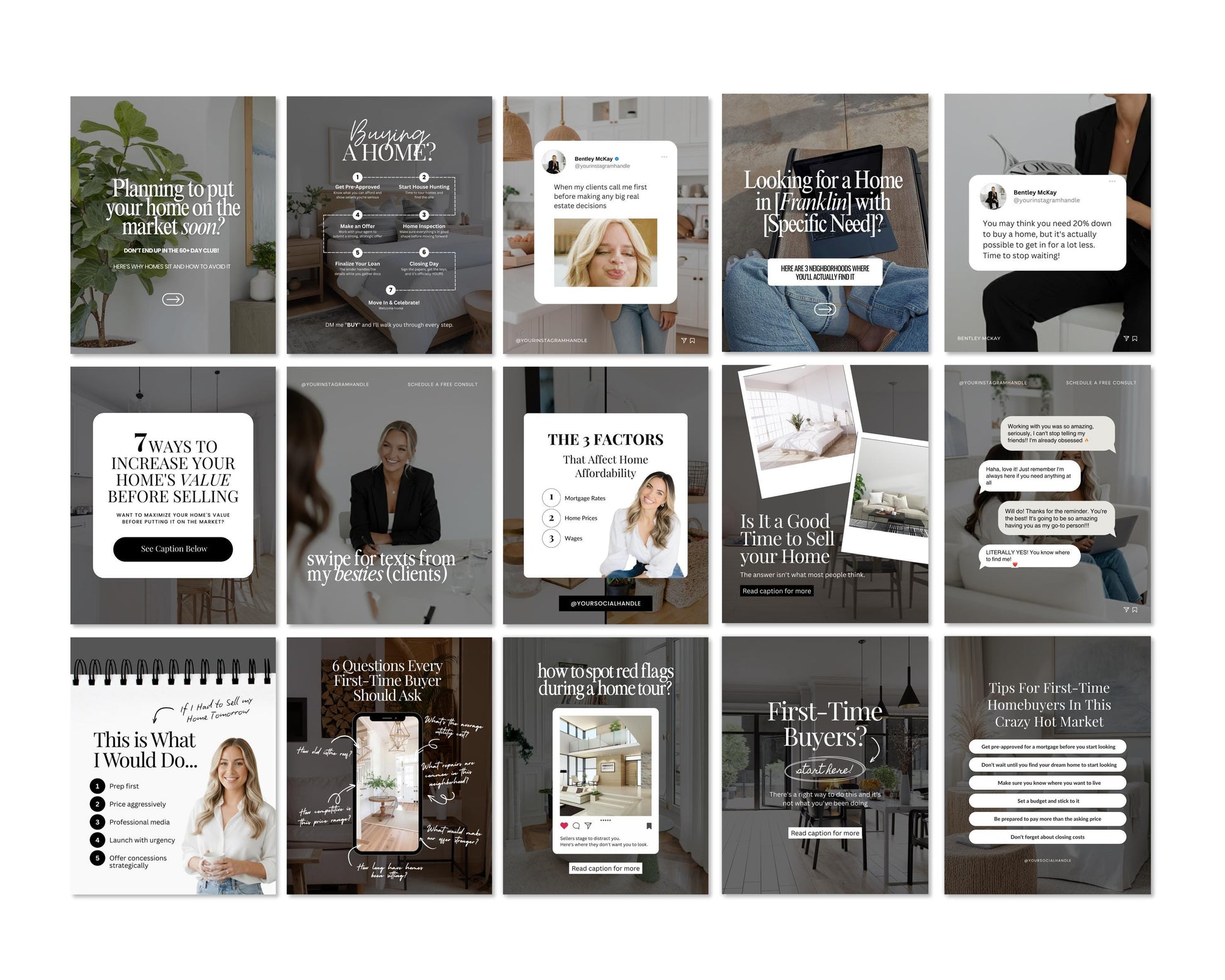 a collection of real estate-related images, including photos of homes, interior design elements, and people discussing real estate matters. The images are arranged in a grid format, with each image featuring a caption or description. The captions and descriptions provided are concise and focused on the content of the images, avoiding redundancy and vague wording.