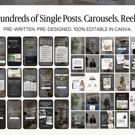 a collage of various real estate-related posts and carousel designs, including posts about open houses, home hunting tips, and real estate professionals. The posts are pre-written and pre-designed, with 100% editable in Canva.