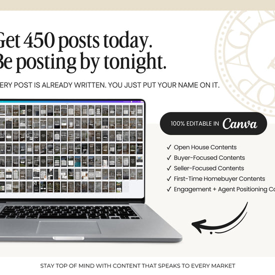 The image is a promotional graphic for a content creation service, featuring a laptop displaying a collage of various images. The text encourages users to post content by tomorrow, highlighting the service's ability to create and edit posts.