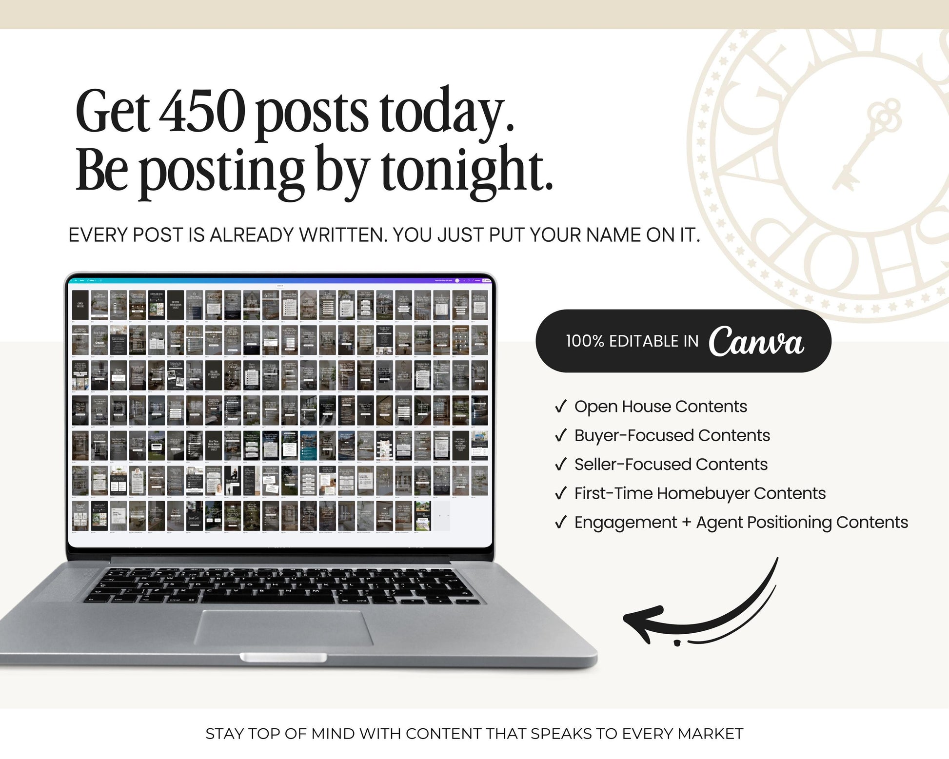 The image is a promotional graphic for a content creation service, featuring a laptop displaying a collage of various images. The text encourages users to post content by tomorrow, highlighting the service's ability to create and edit posts.