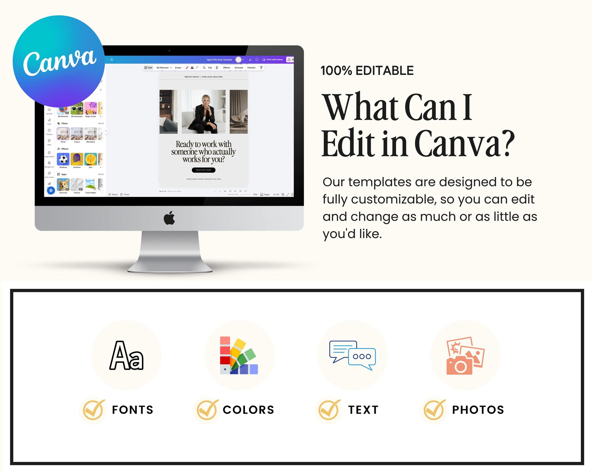 The image is a promotional graphic for a software called Canva, which allows users to create and customize various types of digital content, such as images, graphics, and text.