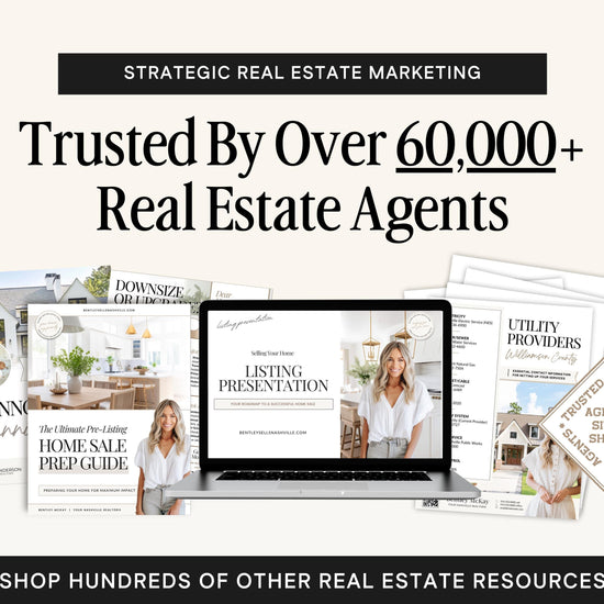 The image is an advertisement for a real estate marketing service, featuring a laptop displaying a presentation slide, brochures, and other real estate-related materials.