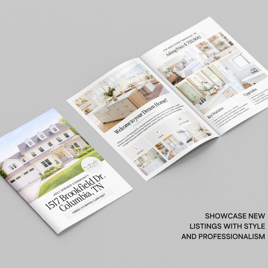 The image is a brochure for a real estate listing, showcasing a large house with a welcoming message and additional images of the property.